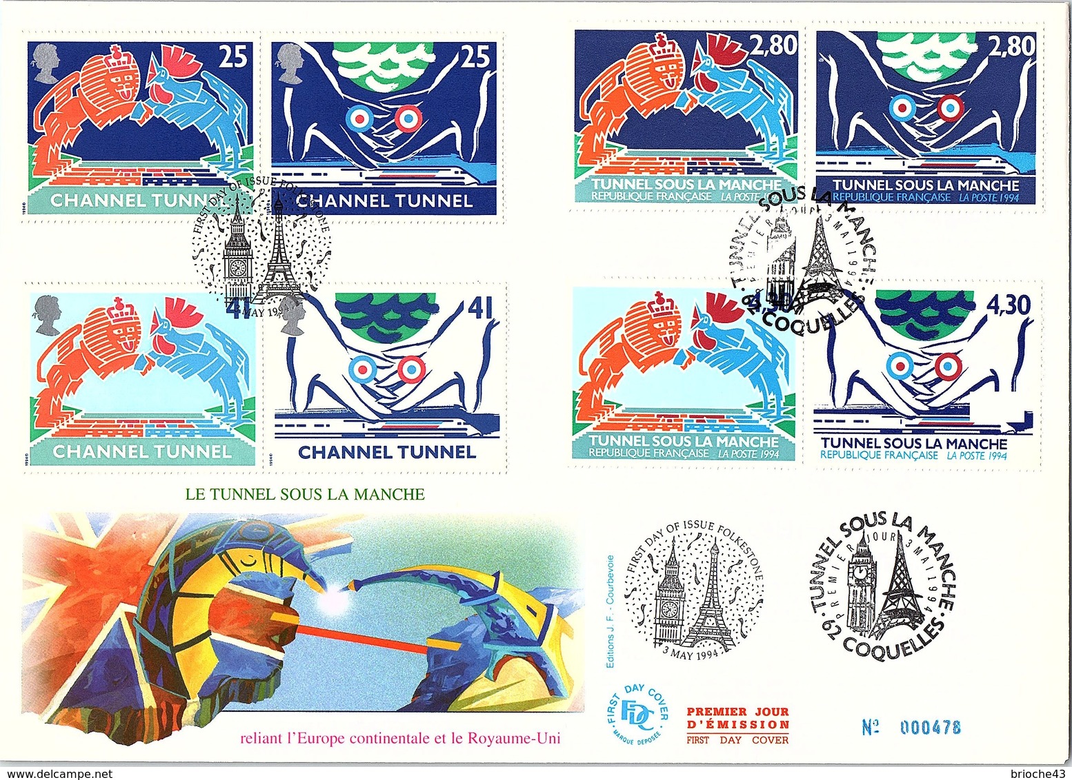 FRANCE - FDC ENVEL. GD FORMAT - INAUGURATION TUNNEL SOUS LA MANCHE FOLKESTONE COQUELLES 3.5.1994 - Yv N°2880-2883/ 1 - 1990-1999