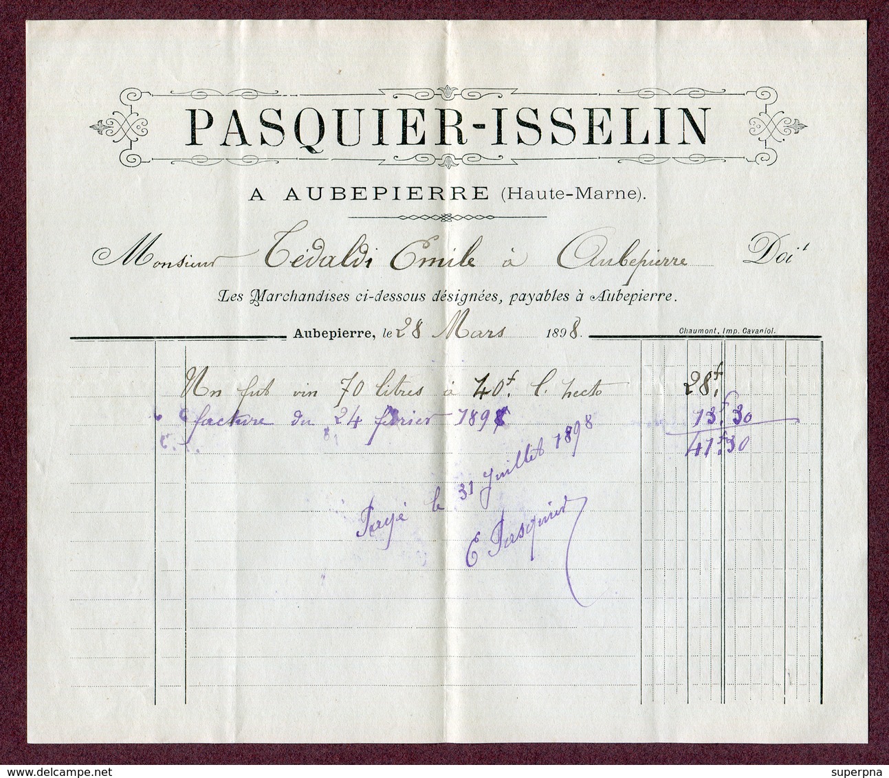 AUBEPIERRE  : " MARCHAND DE VIN - PASQUIER-ISSELIN "  1898 - 1800 – 1899