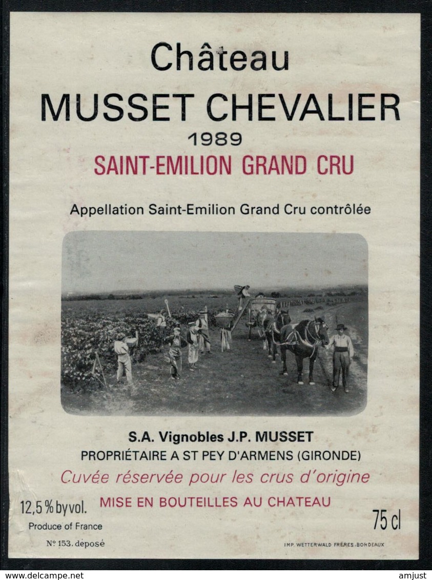 Etiquette De Vin // Bordeaux, Saint-Emilion 1989, Musset Chevalier - Cavalli