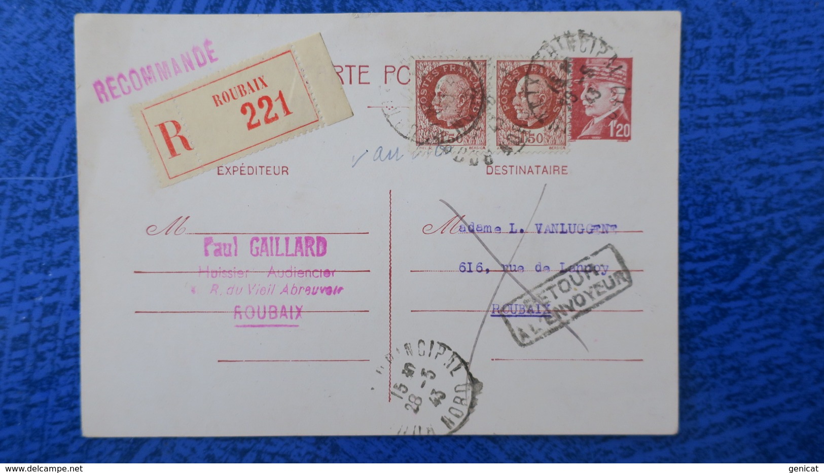 Entier Postal Petain Avec Complement Timbres Pour Recommandé De Roubaix Mai 1943 - Cartes Postales Types Et TSC (avant 1995)