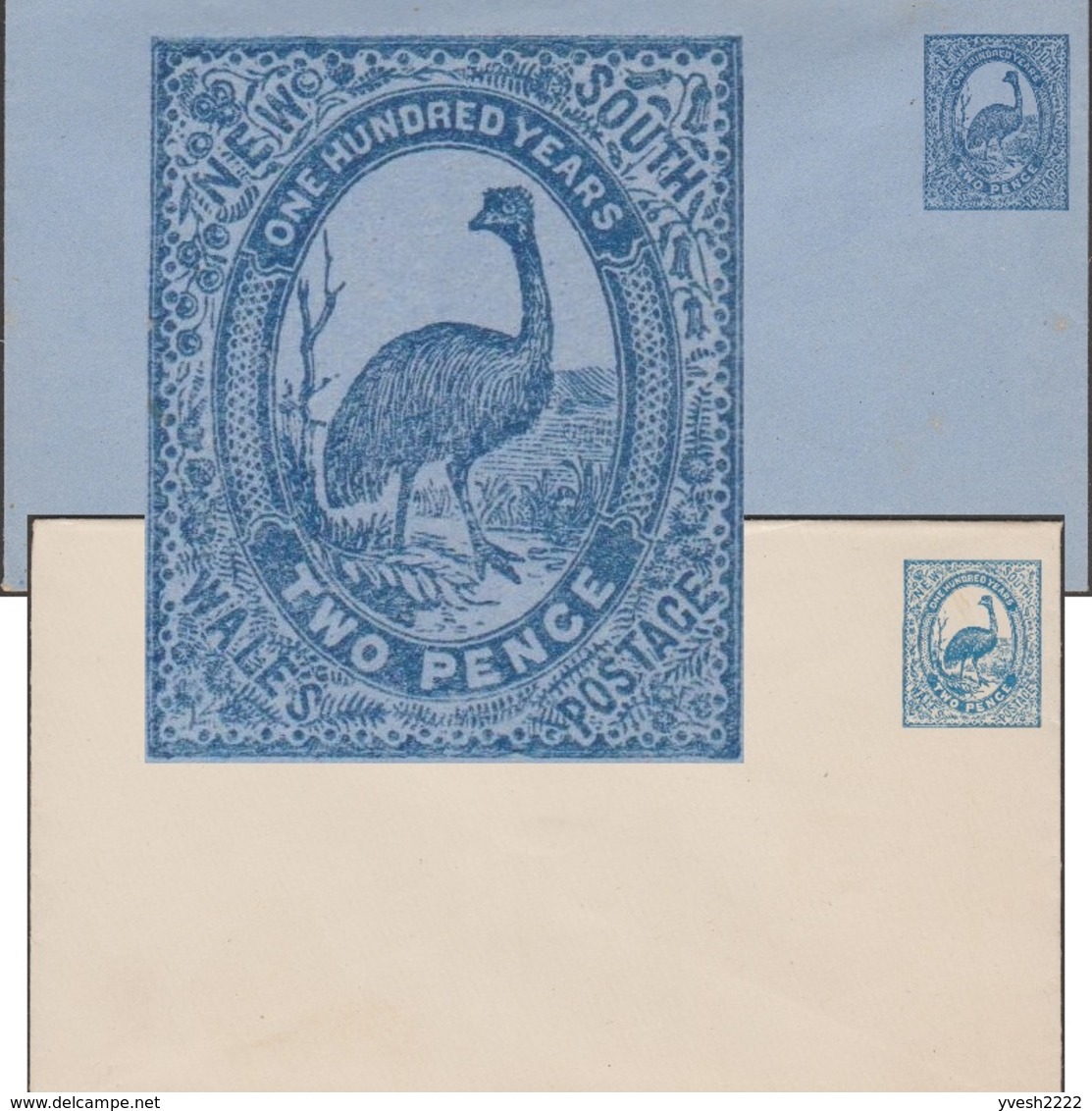NSW Vers 1890. 2 Entiers Postaux, Enveloppes. Émeu D’Australie (Dromaius Novaehollandiae). Enveloppes Bleue Et Blanche - Struzzi