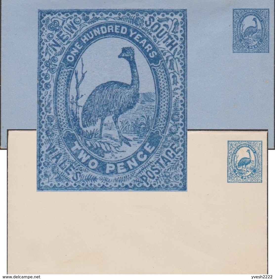 NSW Vers 1890. 2 Entiers Postaux, Enveloppes. Émeu D’Australie (Dromaius Novaehollandiae). Enveloppes Bleue Et Blanche - Straussen- Und Laufvögel