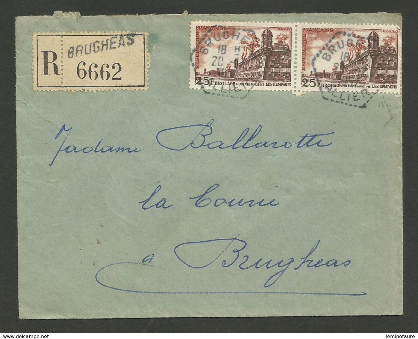 03 - ALLIER / Agence Postale Rurale BRUGHEAS / Recommandé Paire 25F Brouage 20.12.1957 - 1921-1960: Moderne