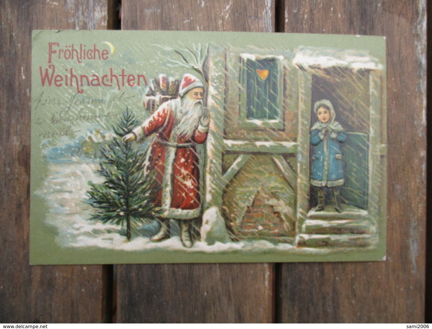 CPA FANTAISIE GAUFFREE  FROHLICHE WEIHNACHTEN PERE NOEL MAISON FILLETTE - Autres & Non Classés