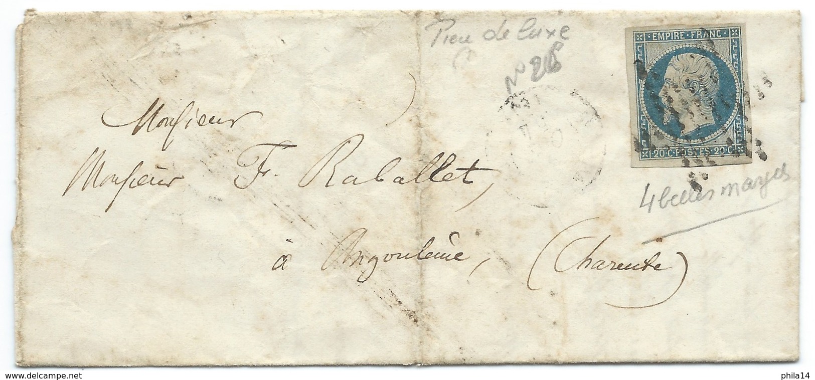 N° 14 BLEU NAPOLEON SUR LETTRE / PARIS POUR ANGOULEME / 4 OCT 1854 - 1849-1876: Periodo Classico