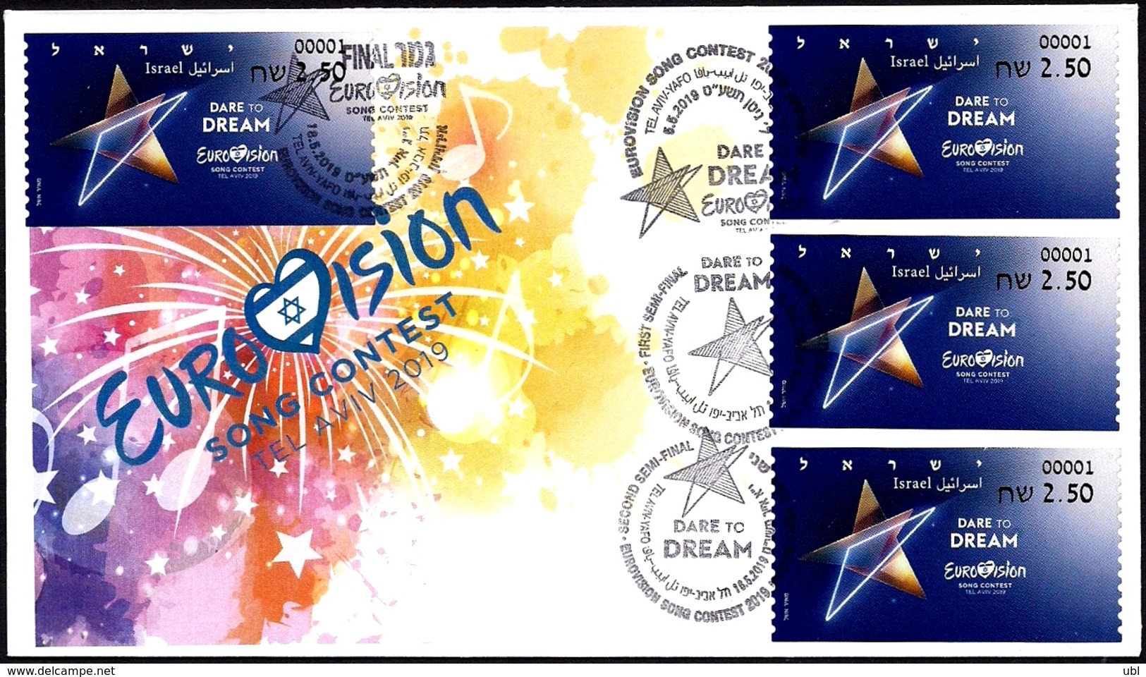ISRAEL 2019 - "Eurovision 2019" Song Contest In Tel Aviv - Philatelic Bureau ATM # 001 Label - 4 Special Postmarks Cover - Muziek