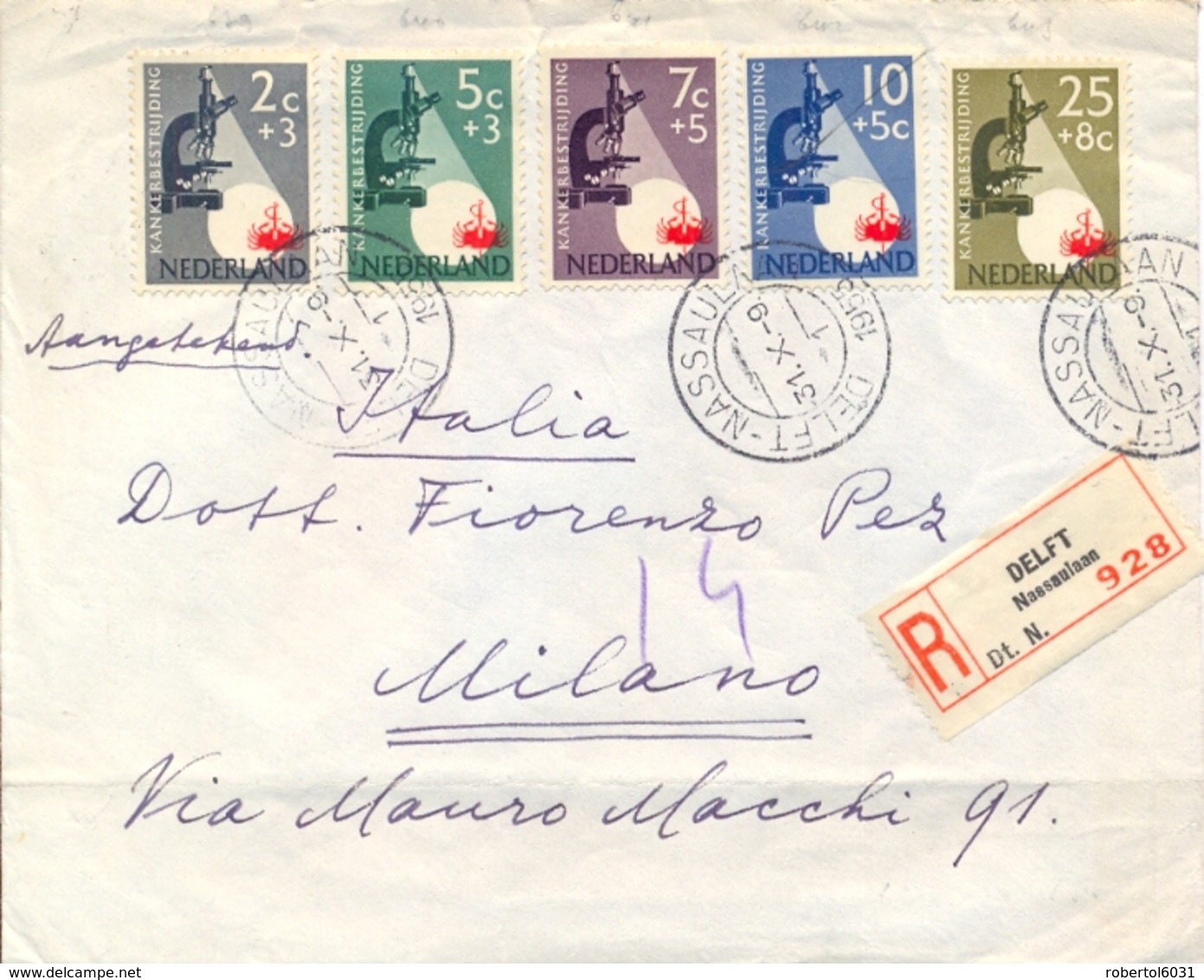 Netherlands 1955 Registered Cover To Italy With Complete Issue The Fight Against Cancer - Malattie