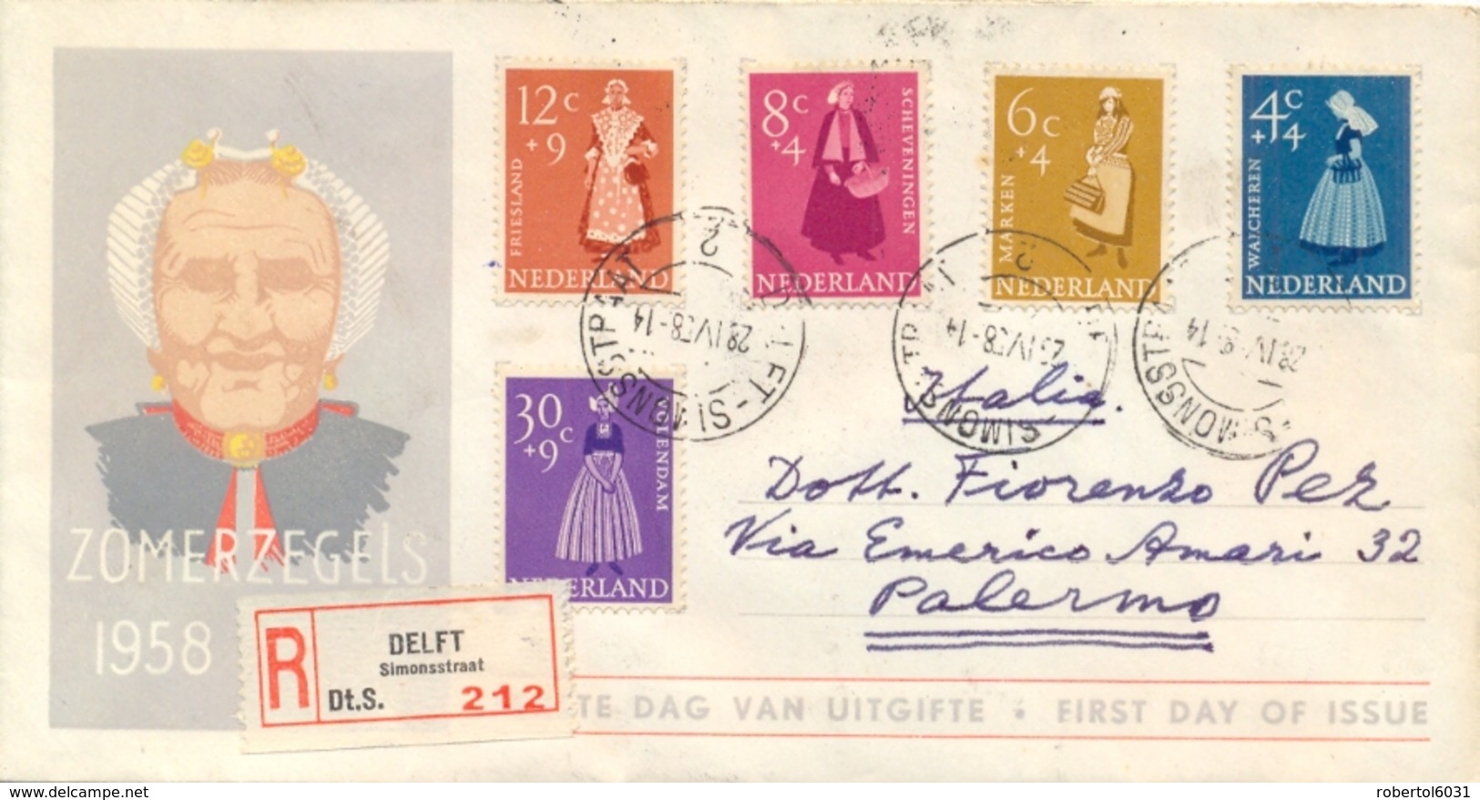 Netherlands 1958 FDC Registered Charity Stamps Costumes - Costumi