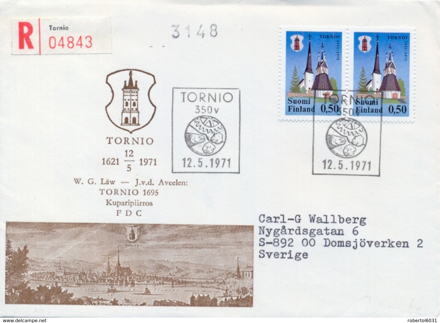 Finland 1971 FDC Registered 350th Anniversary City Of Tornio - Chiese E Cattedrali