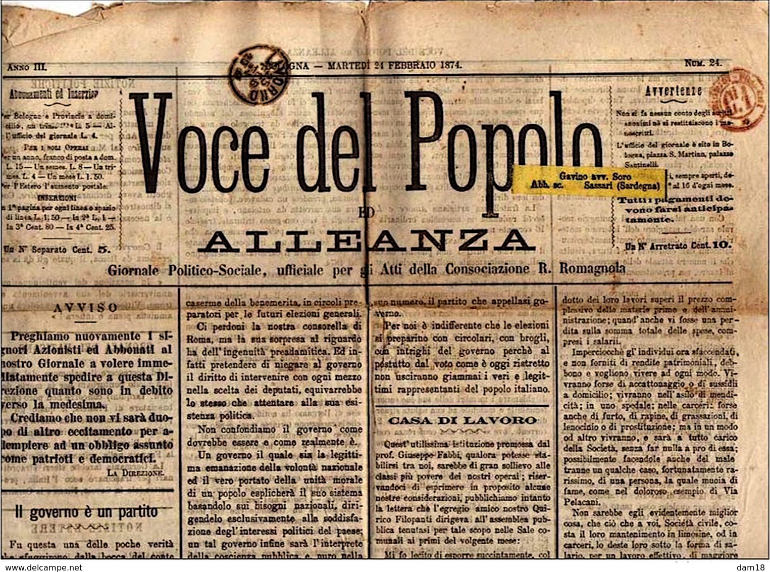 ITALIE 1874 CACHET ROUGE "PERIODICI FRANCHI 1 CT " SUR JOURNAL "VOCE DEL POPOLO" 3 PHOTOS - Autres & Non Classés