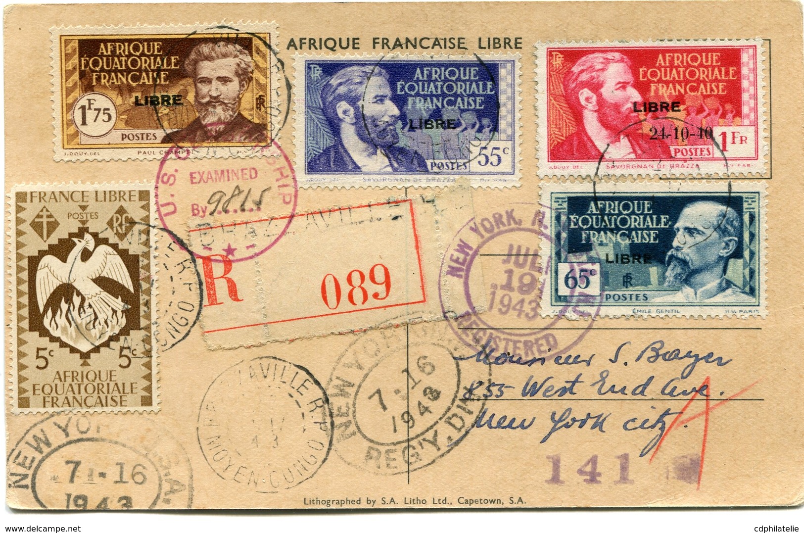 A. E. F. CARTE POSTALE RECOMMANDEE CENSUREE DEPART BRAZZAVILLE 27 (JUIN) 43 MOYEN-CONGO POUR LES ETATS-UNIS - Lettres & Documents