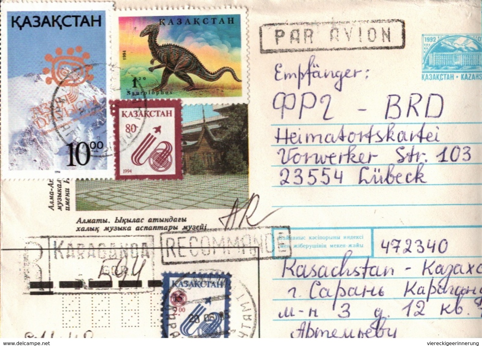 !  1995 Cover From Kasachstan, Einschreiben, Reco Letter, Dinosaurier Briefmarke - Kazakhstan