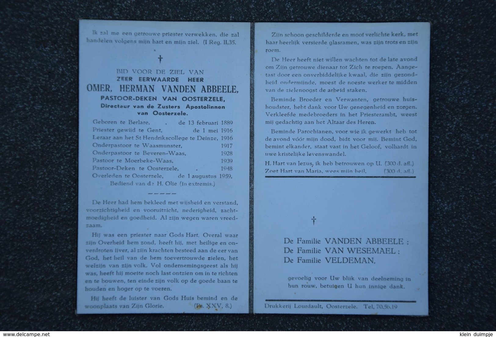 Doodsprentje Pastoor Omer Herman Vanden Abbeele. °Berlare, +Oosterzele. Deinze, Waasmunster, Beveren-Waas, Moerbeke-Waas - Esquela