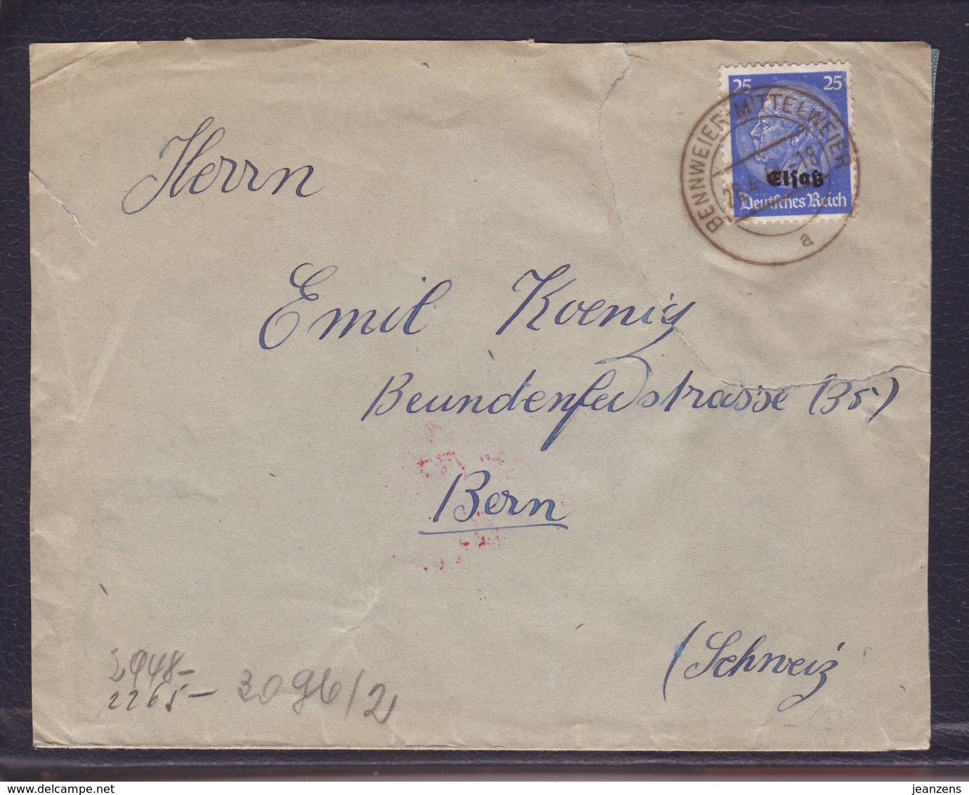 Lettre De Bennweier (Alsace) 26.04.1941 Aff Hindenburg Surch. Elsass Pour Berne - Zensur/censored/Censure E Francfort/. - Guerre De 1939-45