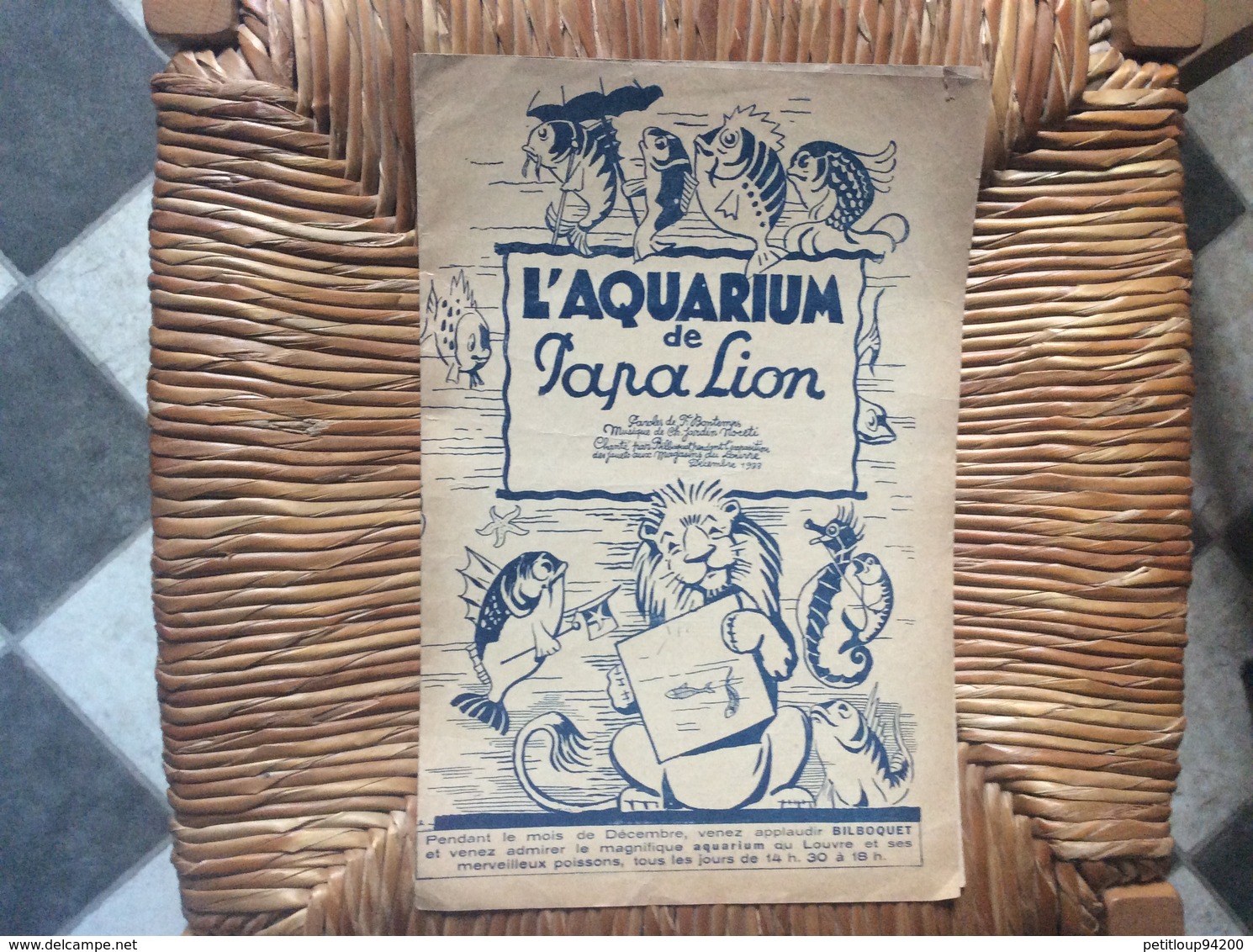 L’ AQUARIUM De Papa Lion *Bilboquet  MAGASINS DU LOUVRE  Decembre 1933 - Partitions Musicales Anciennes