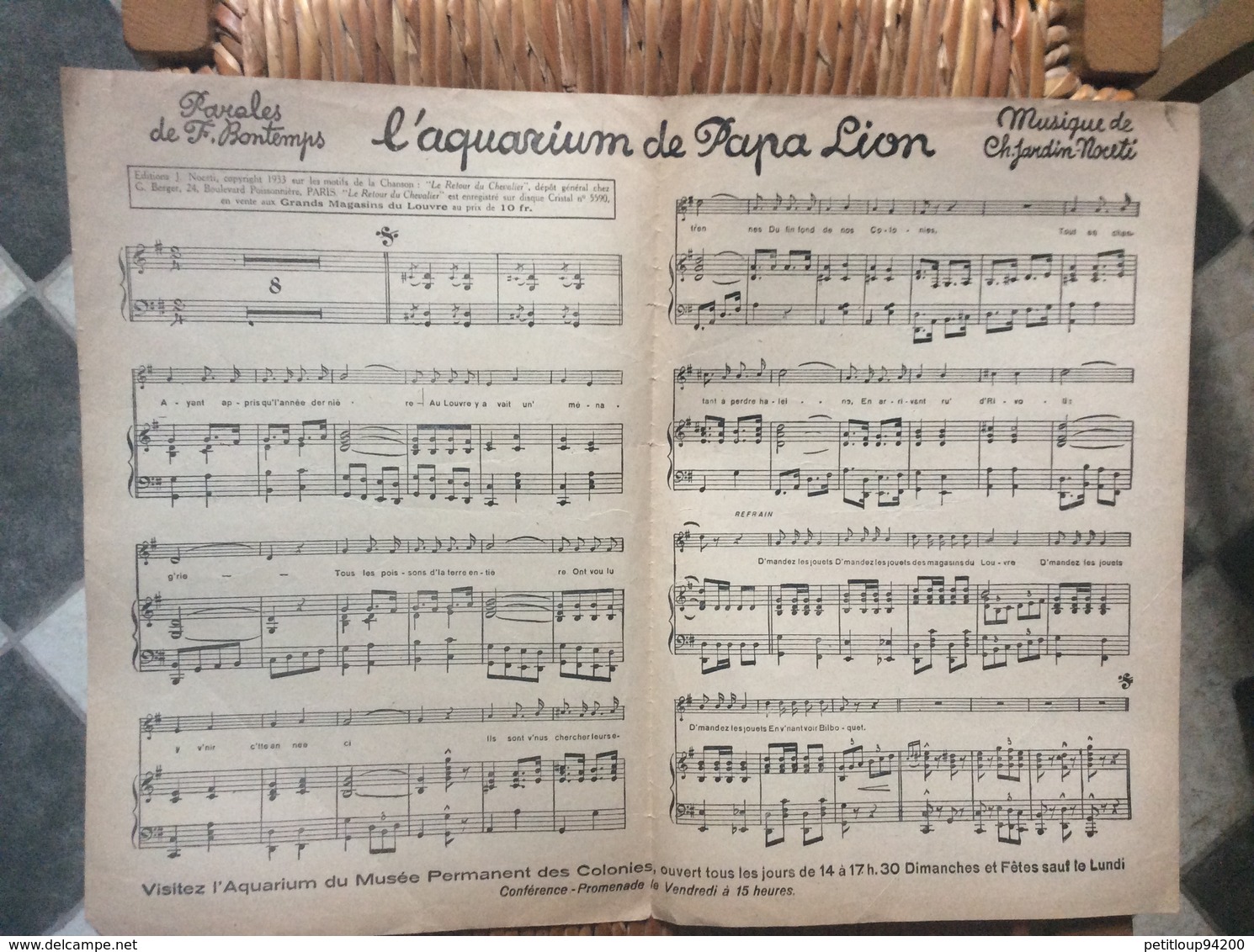 L’ AQUARIUM De Papa Lion *Bilboquet  MAGASINS DU LOUVRE  Decembre 1933 - Scores & Partitions