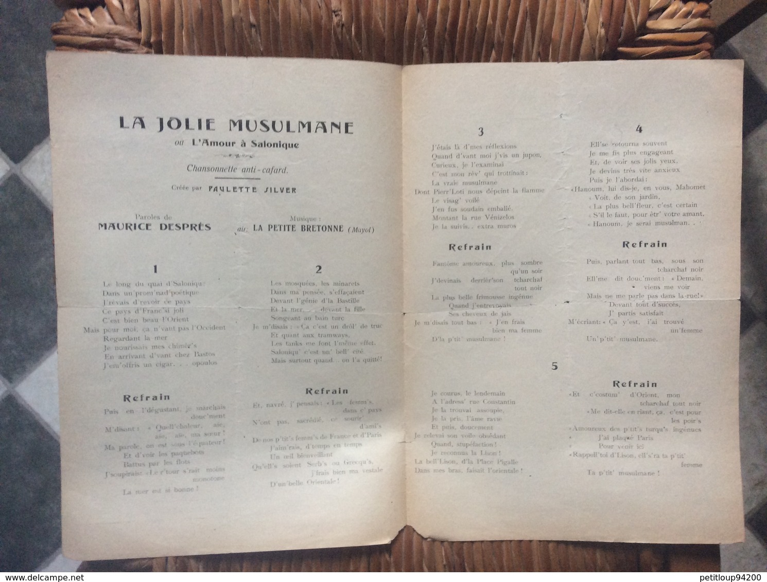 LA JOLIE MUSULMANE *Paulette Silver  CAMPAGNE D’ORIENT  Salonique 1917 - Scores & Partitions