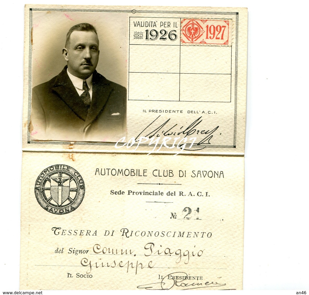 TESSERA_TESSERE_DOCUMENTO/I-"AUTOMOBILE CLUB D'ITALIAI" SAVONA-ANNO 1926- - Collections