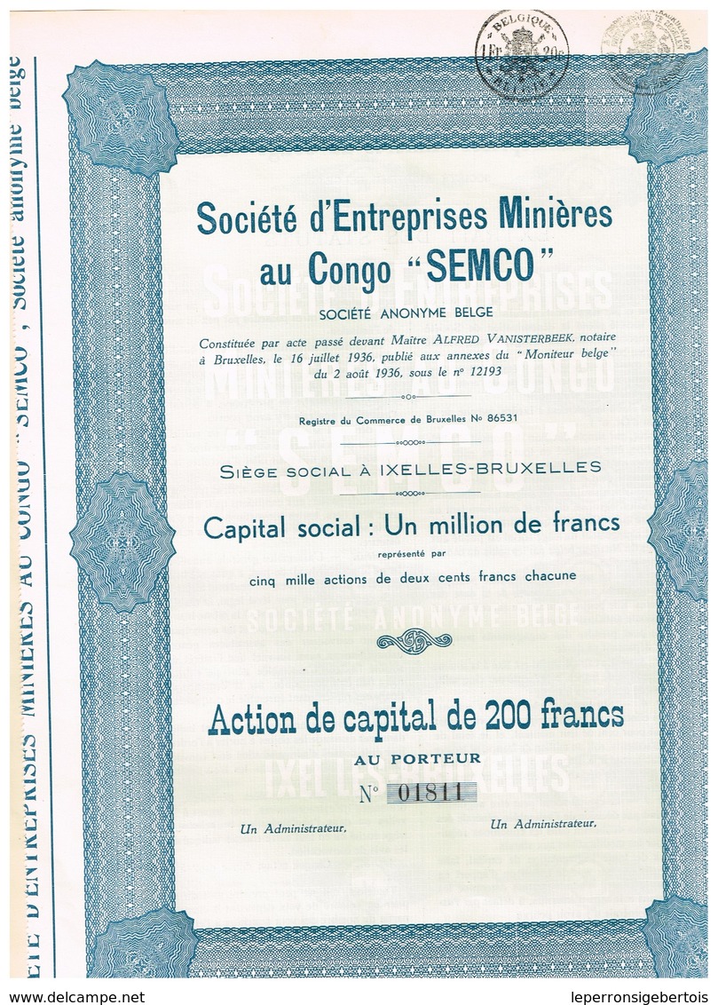 Action Ancienne - Société D'Entreprises Minières Au Congo - "SEMCO" - Titre De 1936 - - Afrique