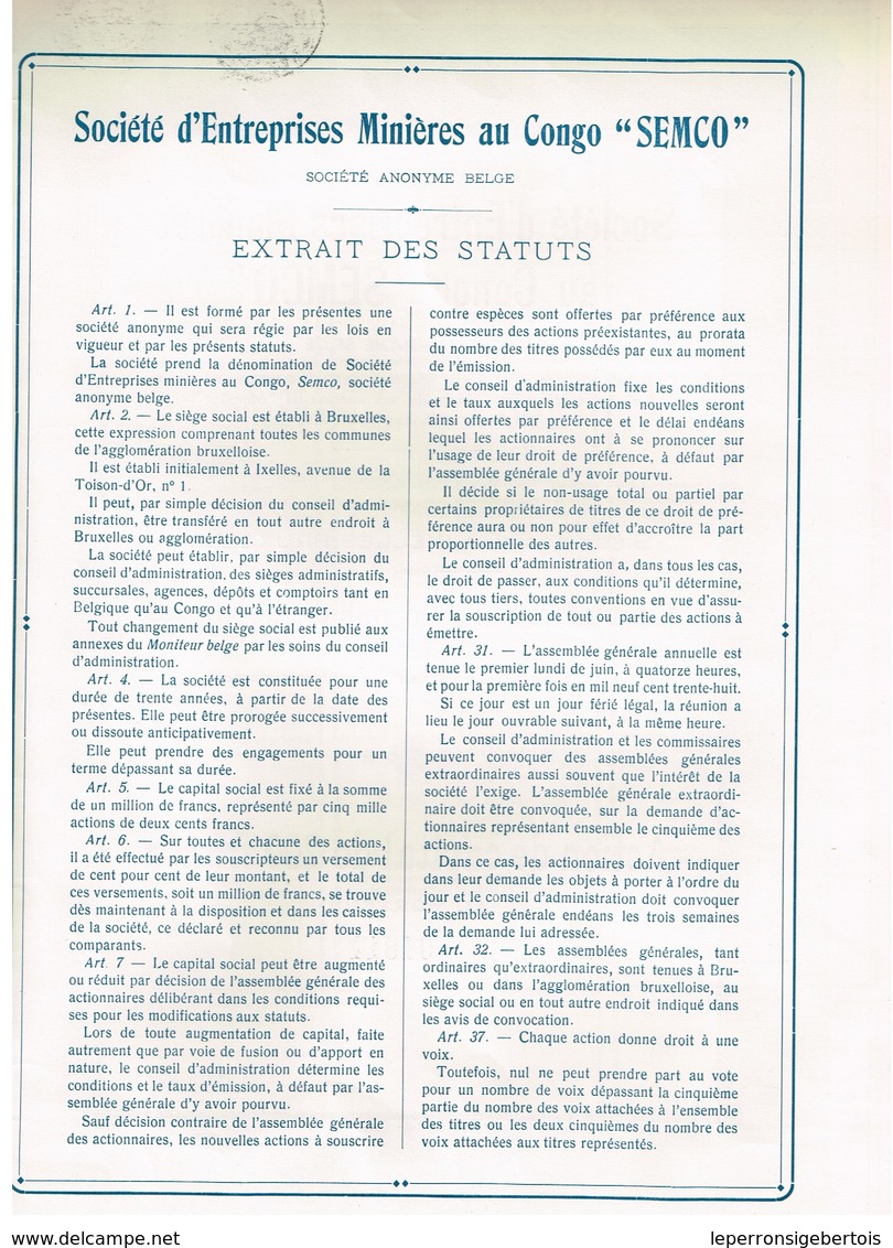 Action Ancienne - Société D'Entreprises Minières Au Congo - "SEMCO" - Titre De 1936 - - Afrique