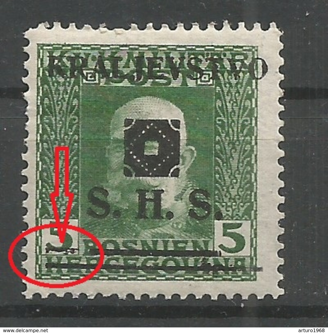 Yugoslavia Kingdom SHS Bosnia Jugoslawien Mi.34 With Constant Plate Flaw (pos.44 In The Sheet MH / * 1919 - Neufs