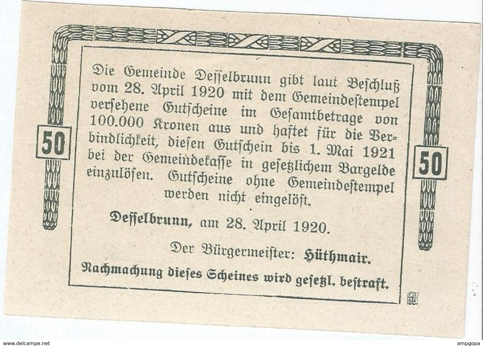 Austria (NOTGELD) 50 Heller 28-4-1920 Desselbrunn KON 119 A.3 UNC Ref 3559-1 - Austria