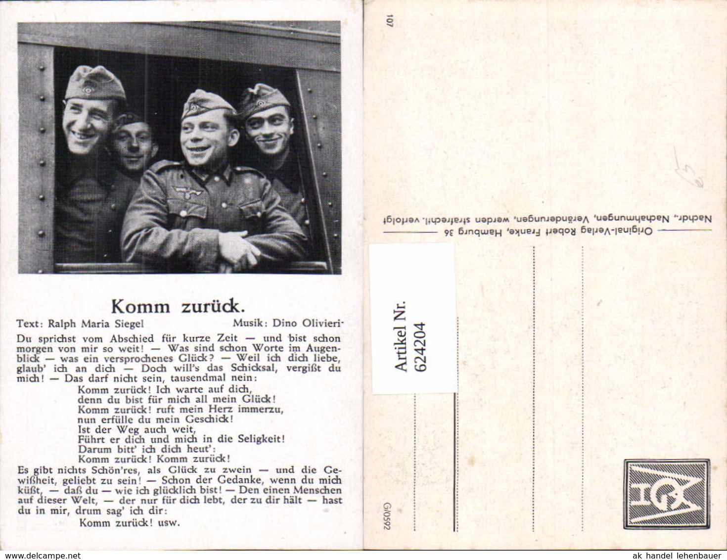 624204,WK 2 Liedkarte Soldaten Soldat Uniform Zug Komm Zur&uuml;ck - Weltkrieg 1939-45