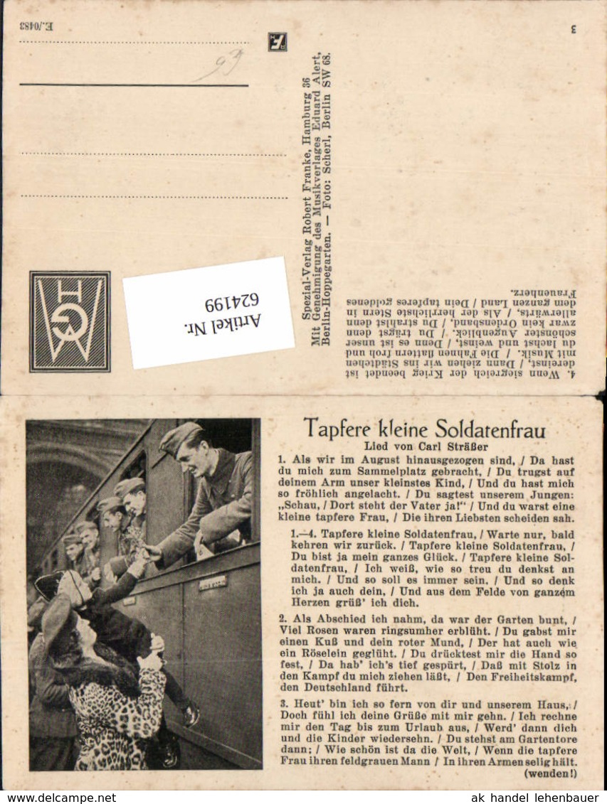 624199,WK 2 Liedkarte Tapfere Kleine Soldatenfrau Zug Soldat - Weltkrieg 1939-45