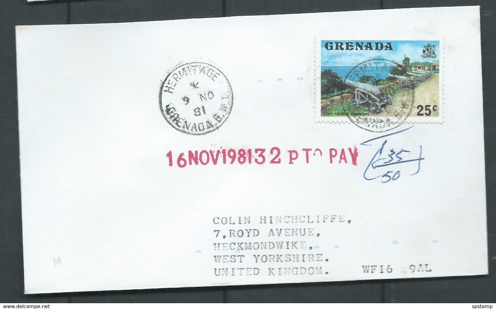 Grenada 1981 Taxed Philatelic Cover Hermitage To United Kingdom 25c Cannons Of St George Franking , Marked 32 P To Pay - Grenada (1974-...)