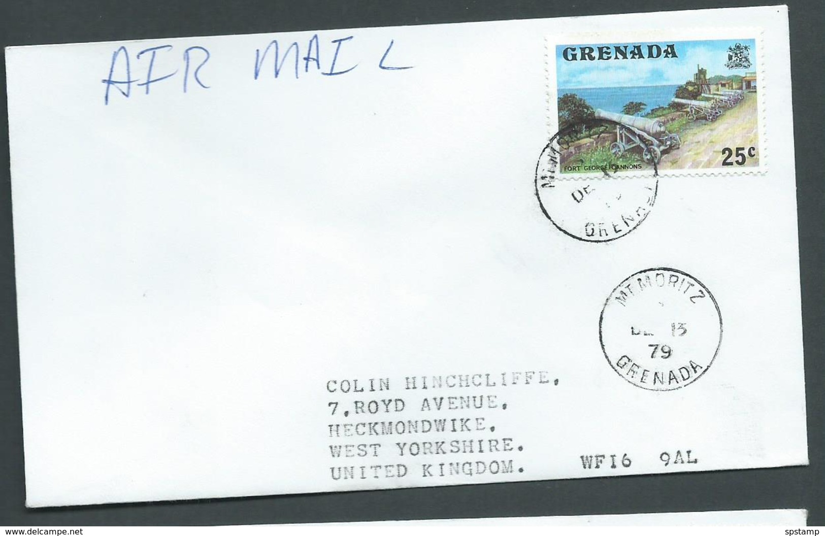 Grenada 1979 Philatelic Cover Mt Moritz To United Kingdom , 25c Cannons Of St George Franking - Grenada (1974-...)