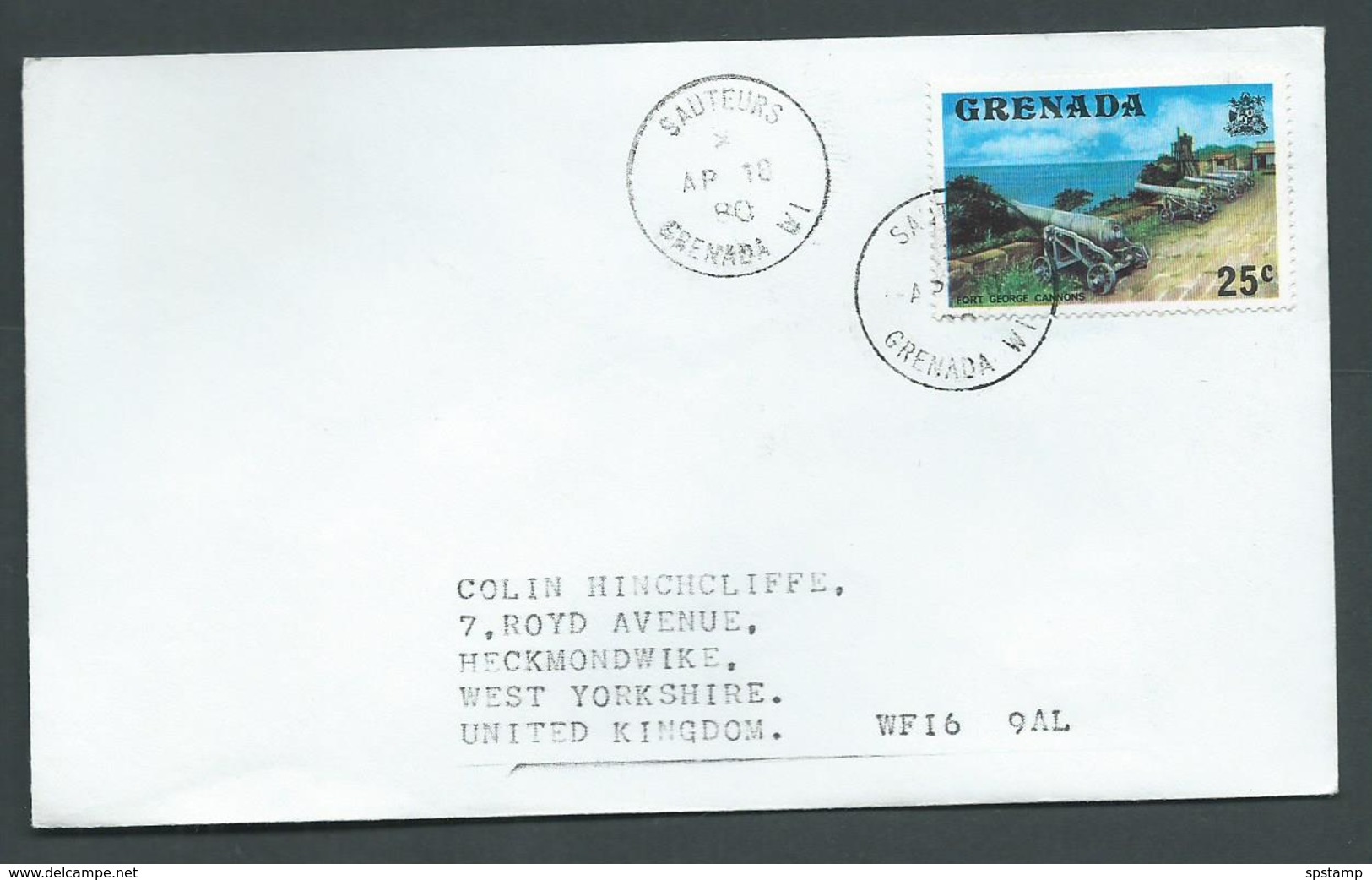 Grenada 1980 Philatelic Cover Sauteurs To United Kingdom , 25c Cannons Of St George Franking - Grenada (1974-...)