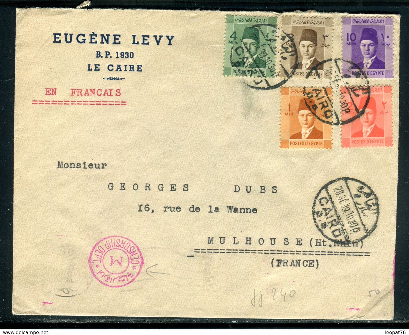 Egypte - Enveloppe Du Caire Pour La France En 1939 Avec Contrôle Postal, Affranchissement 5 Couleurs - Réf JJ 240 - Briefe U. Dokumente