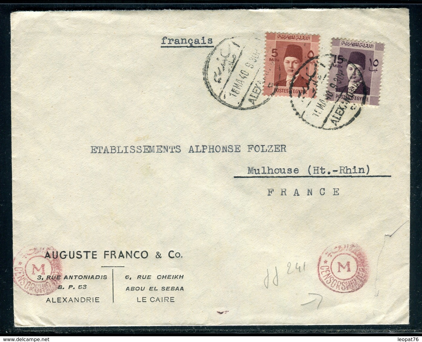 Egypte - Enveloppe De Alexandrie Pour La France En 1940 Avec Contrôle Postal,  Prix Fixe - Réf JJ 241 - Storia Postale