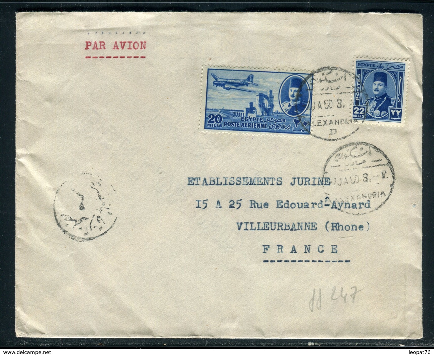 Egypte - Enveloppe De Alexandrie Pour La France En 1950, Affranchissement Plaisant - Prix Fixe - Réf JJ 247 - Briefe U. Dokumente