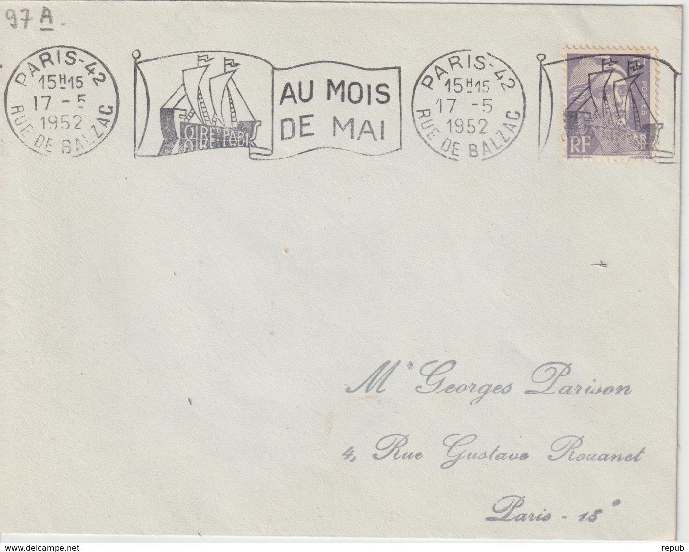 Lettre 1952 De Paris 42 Pour Paris Oblit. RBV Foire De Paris - 1921-1960: Periodo Moderno