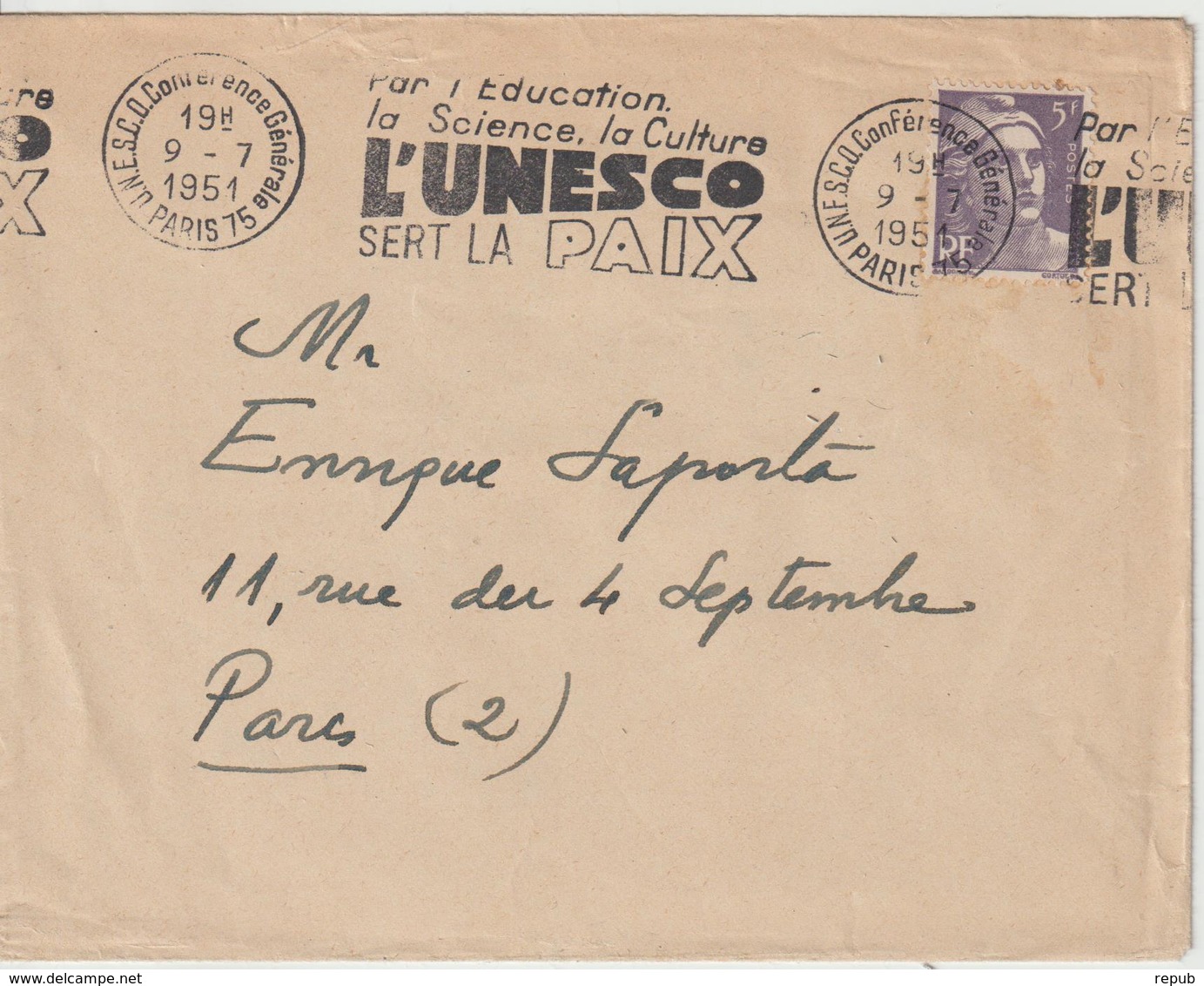 Lettre 1951 De Paris Unesco Pour Paris Oblit. RBV Unesco Conf.Générale - 1921-1960: Période Moderne