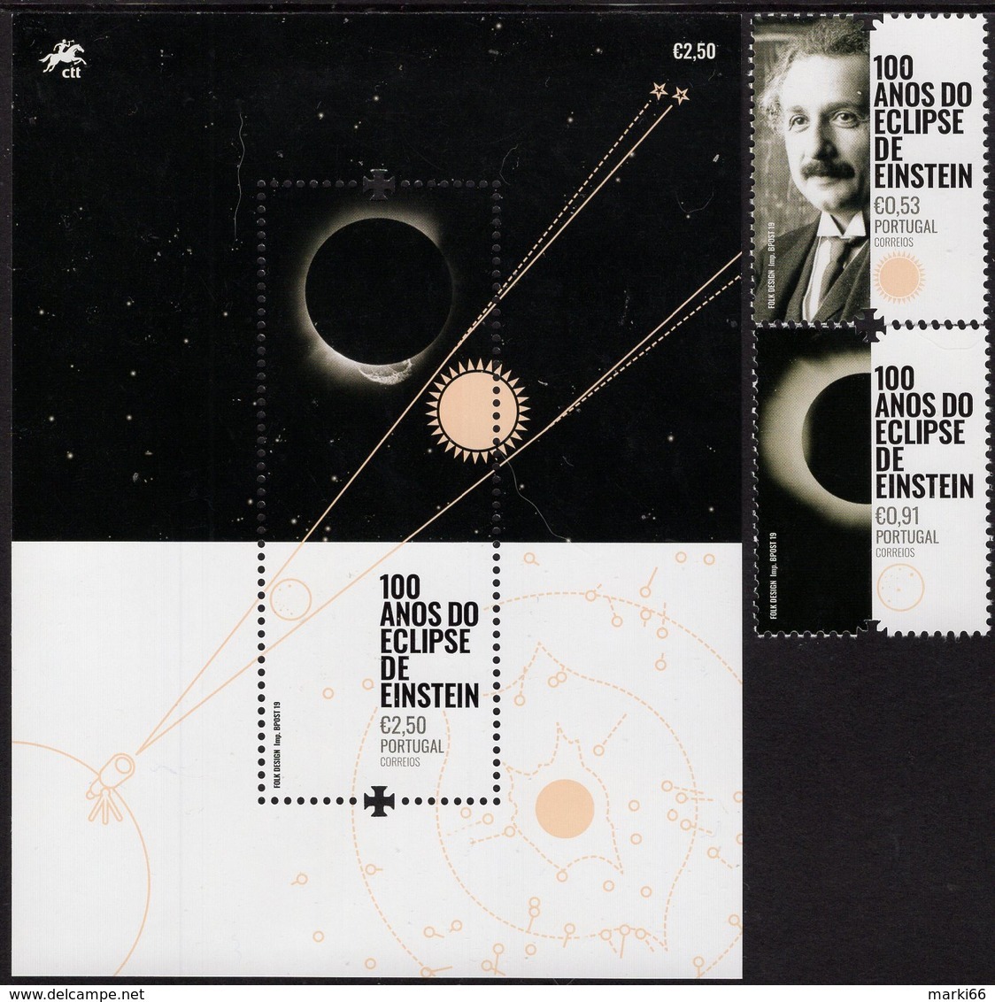 Portugal - 2019 - Centenary Of Albert Einstein Solar Eclipse - Mint Stamp Set + Souvenir Sheet - Nuovi