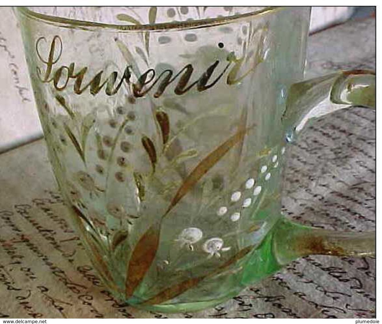 Ca 1900 JOLI VERRE En CRISTAL .CHOPE  SOUVENIR . émaillé Décor De MUGUET , ANTIQUE CRYSTAL ENAMELLED PAINTED GLASS - Verre & Cristal