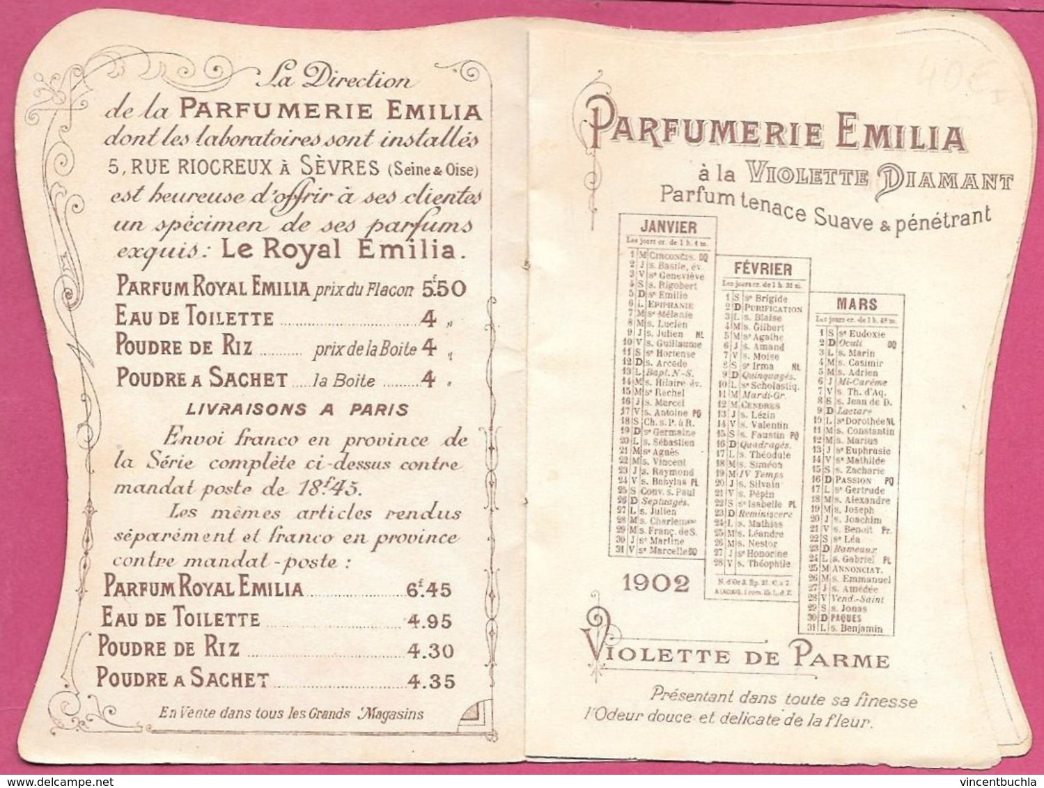 Petit Calendrier Parfumé Parfumerie Emilia Paris Usine à Sevres Parfait état Parfum Royal Emilia - Petit Format : 1901-20