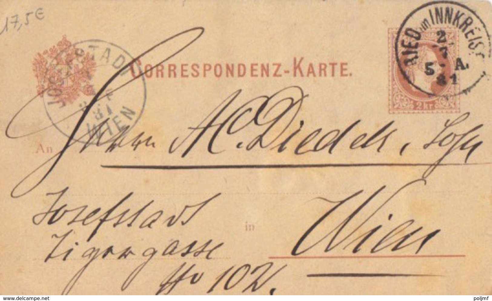 Autriche, Entier (Correspondenz-Karte) 2kr Brun (Empire), Obl. Ried Im Innkreiss Le 2/7/81 Pour Vienne - Other & Unclassified