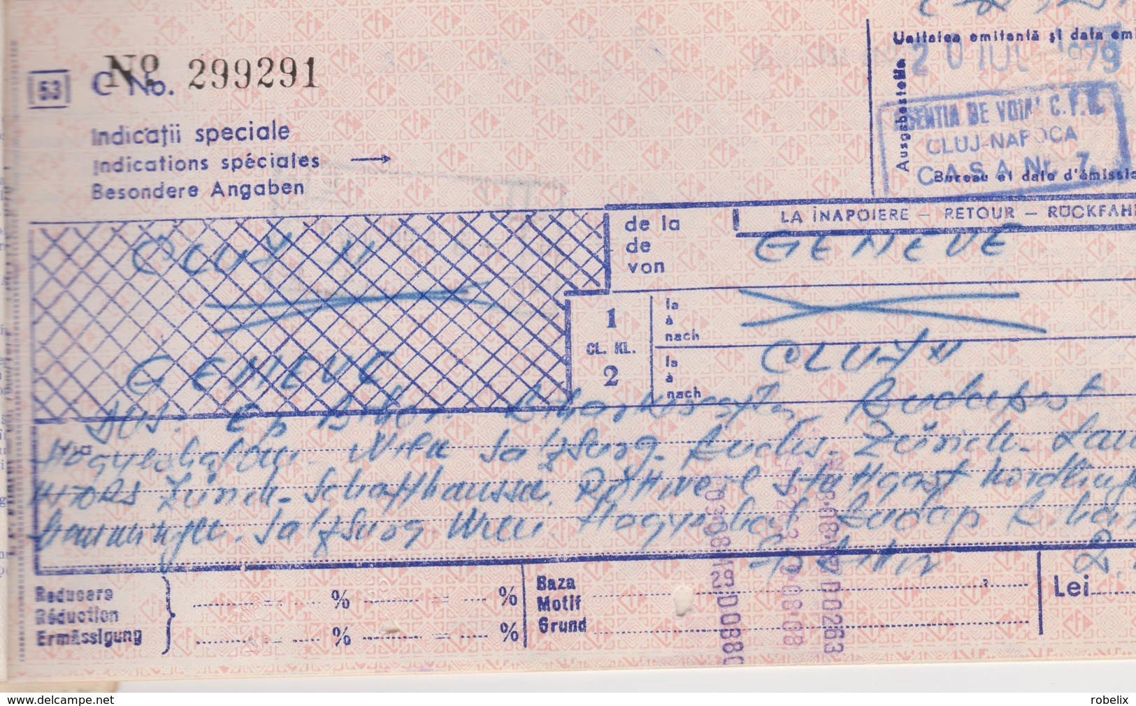 Romanian International Railway Ticket - 1979 - Route :Romanian (Cluj) To  Switzerland (Geneva)   (3 Scans) - Europa