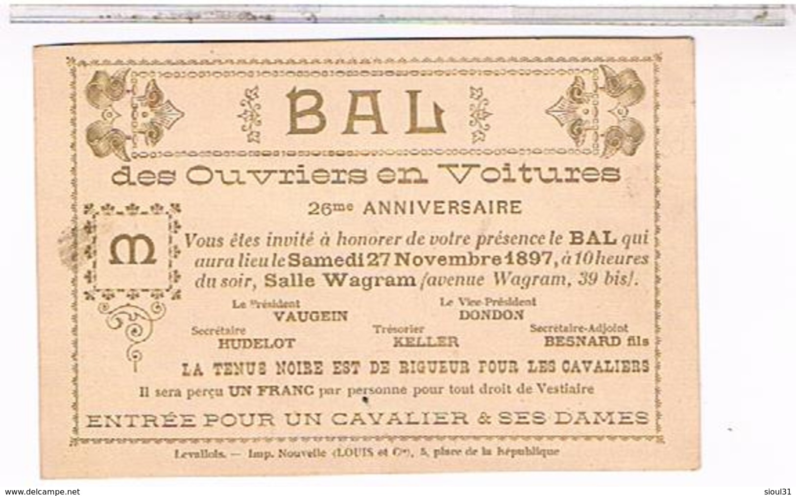 PARIS 17° Bal Des Ouvriers En Voiture Le 27.11 1897 39bis Avenue Wagram Ca525 - Arrondissement: 17