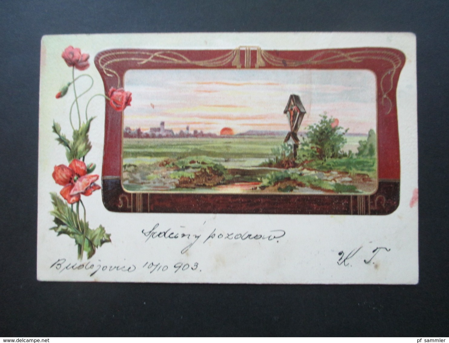 Österreich 1902 Zierkarte / Künstlerkarte Mit Blumen Und Bilderrahmen Landschaft / Sonnenuntergang - Briefe U. Dokumente