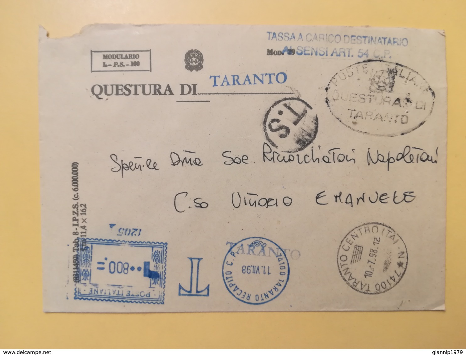 1998 BUSTA INTESTATA ITALIA ITALY  AFFRANCATURA MECCANICA BLU QUESTURA ANNULLO TARANTO - Macchine Per Obliterare (EMA)