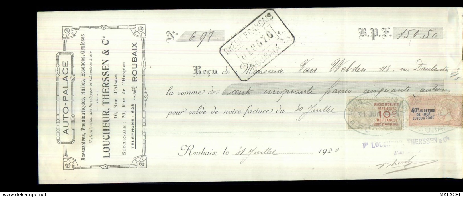 0-3211-L-D-C-4293   Auto Palace Eugène Therssen&cie à Roubaix M.van Welden 30-7-1920 - Lettres De Change