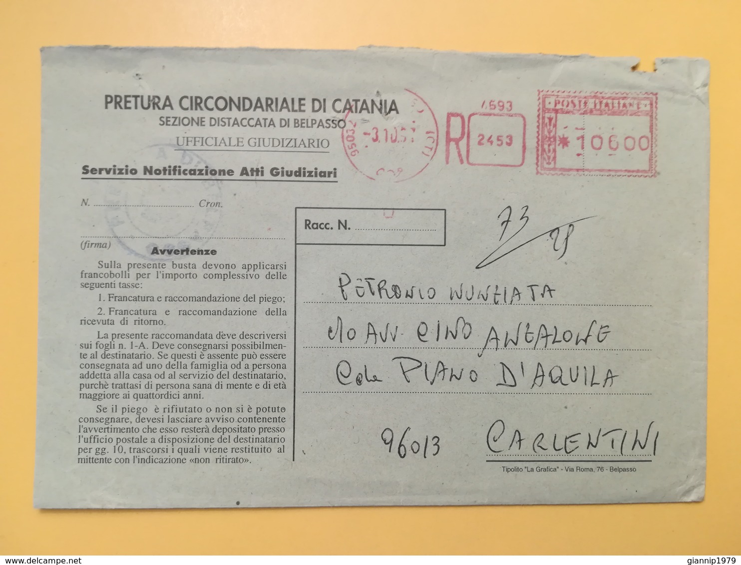 1997 BUSTA INTESTATA ITALIA ITALY  AFFRANCATURA MECCANICA ROSSA  ANNULLO CARLENTINI - Macchine Per Obliterare (EMA)