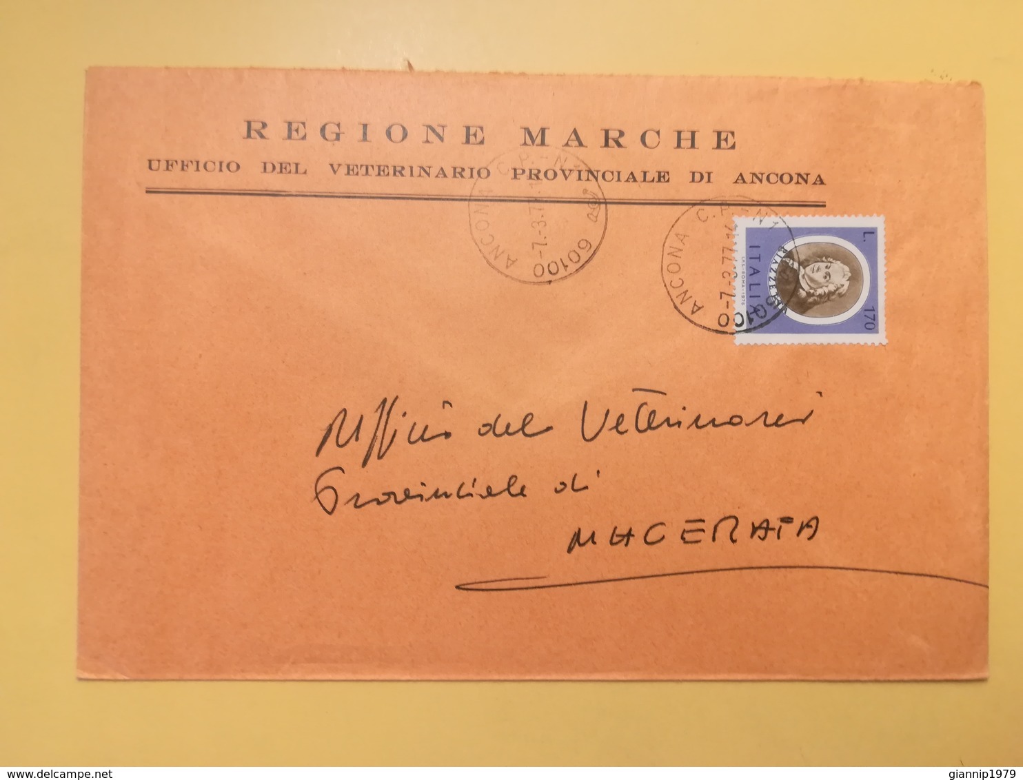 1977 BUSTA INTESTATA ITALIA ITALY REGIONE MARCHE BOLLO ARTISTI ITALIANI ANNULLO ANCONA - 1971-80: Storia Postale