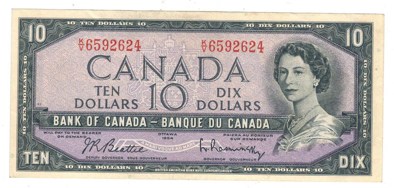 CANADA $10 Dollars Bank Note 1954 Beattie-Rasminsky , XF. - Canada