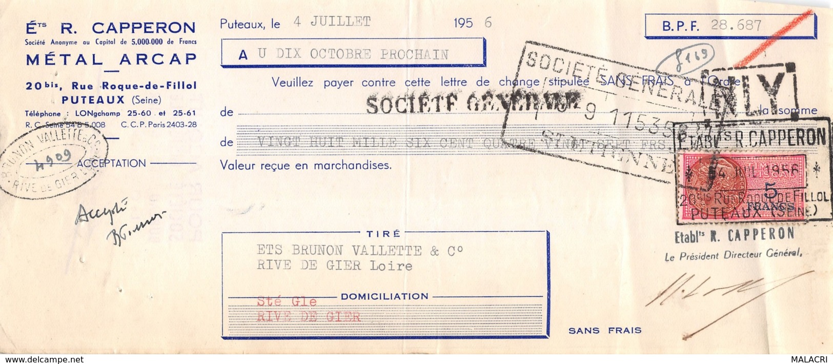 11-1122    1956  ETS R. CAPPERON A PUTEAUX - SOCIETE BRUNON VALLETTE A RIVE DE GIER - Wechsel