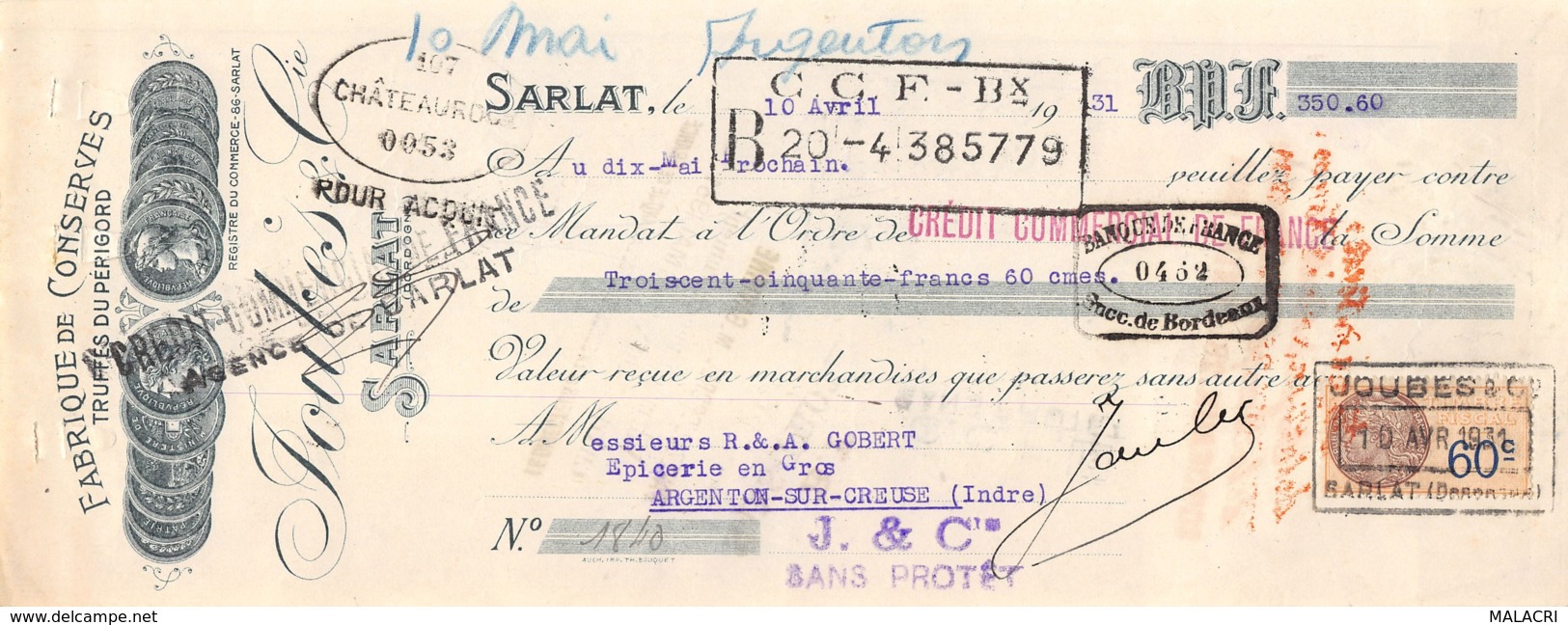 13   -1281    1931    FABRIQUE DE CONSERVES JOUBES & CIE A SARLAT - M. GOBERT A ARGENTON SUR CREUSE-13   1281 - Lettres De Change